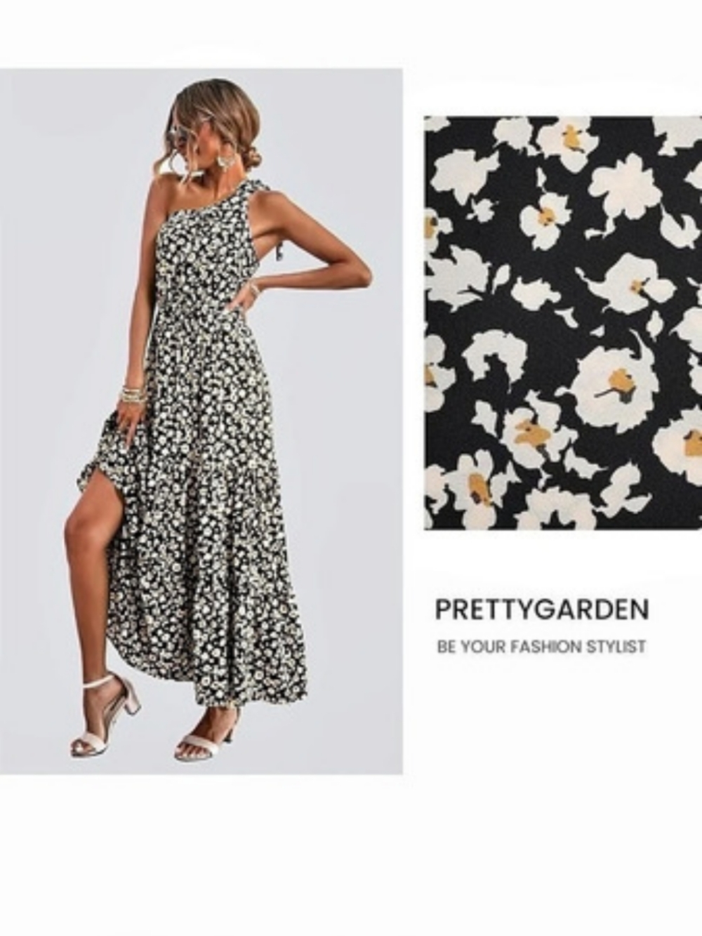 Prettygarden Women's One Shoulder Boho Floral Maxi Dress Black & White Small